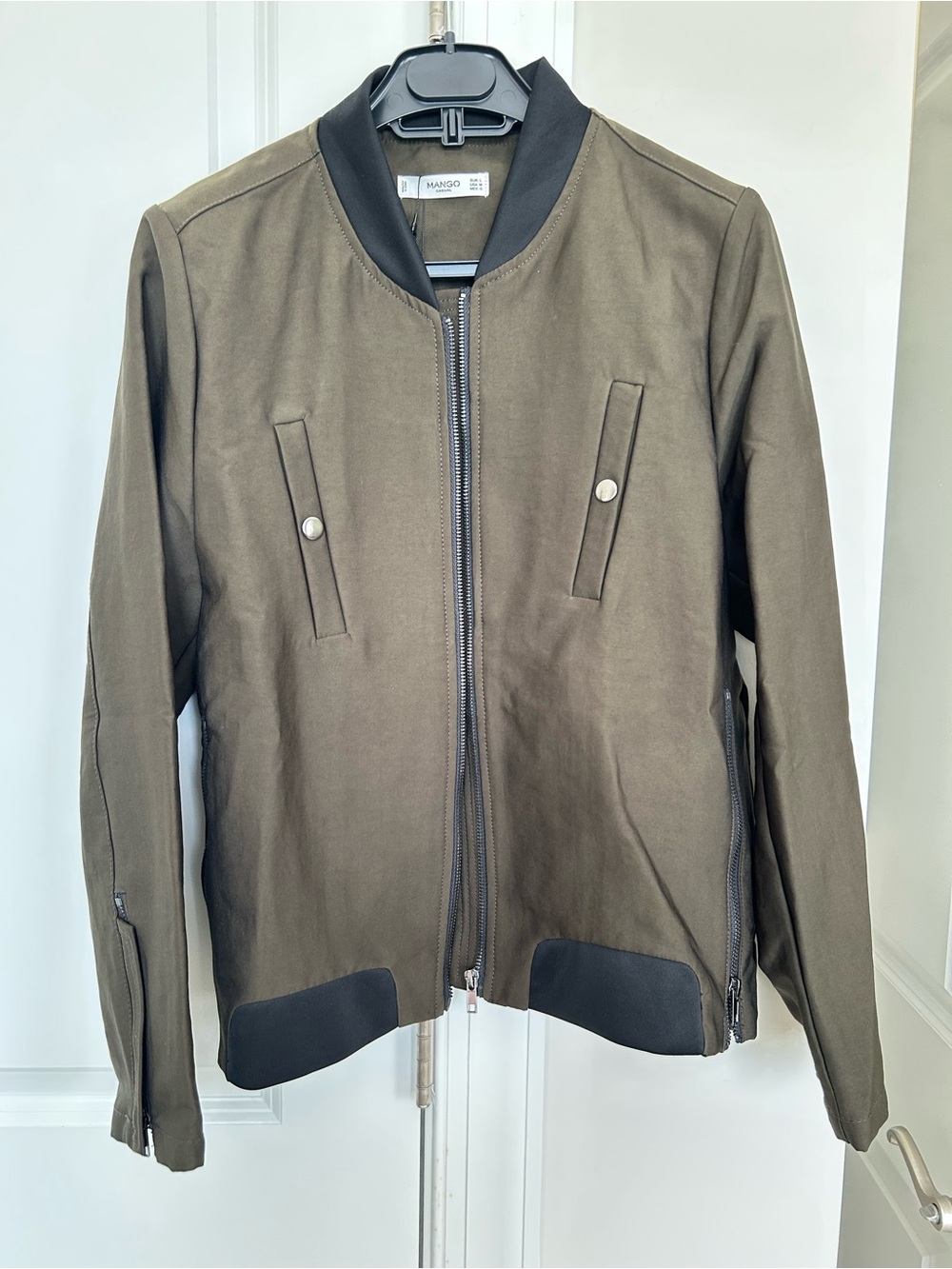 Mango Olive Bomber Jacket with Black Accents